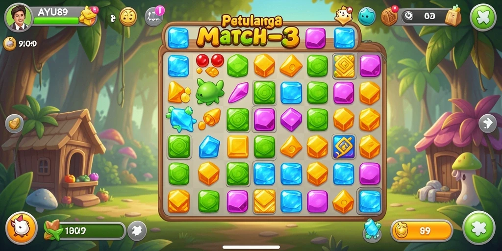 Screenshot gameplay AYU89 yang menampilkan aksi Match-3 yang seru.