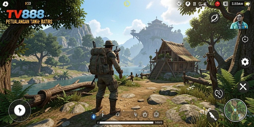 Screenshot gameplay TV888 menampilkan eksplorasi dunia terbuka yang luas.